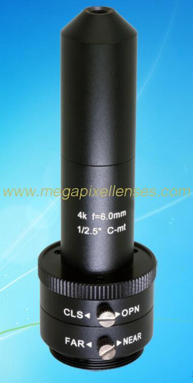 High-temp. 1/2.5" 6mm 8MP 4K F1.8 C Mount Manual IRIS Pinhole Lenses for covert cameras, furnace lens, W/Lock